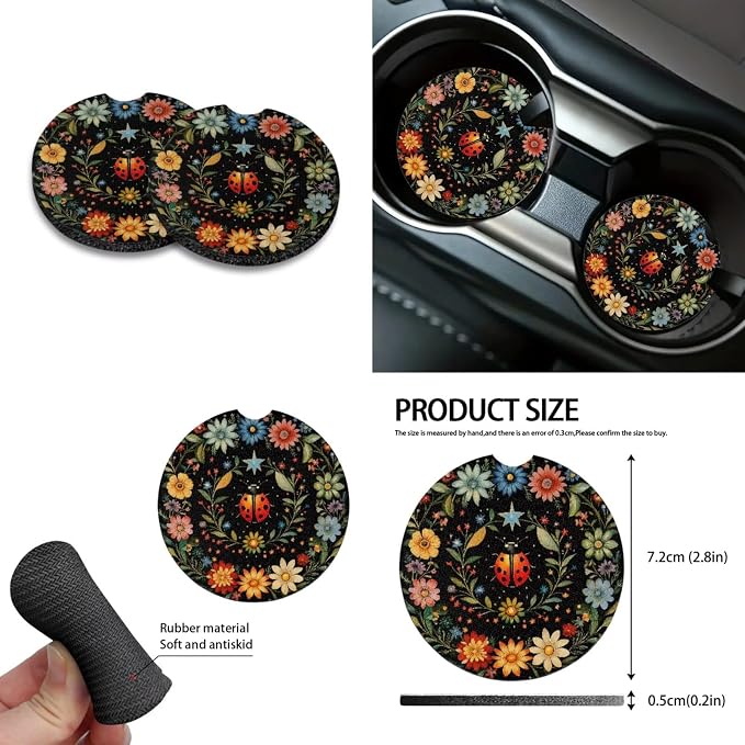 Ladybug Flower Print Car Seat Covers Full Set Car Accessories Pack of 10 Steering Wheel Cover Auto Trash Can Keychain Air Vent Pounch Bag Cup Holder Auto Decorations Interior