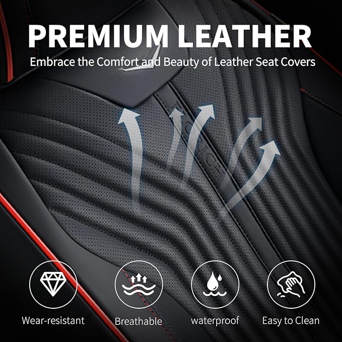 FLORICH Automotive Seat Covers Front Seats Leather Car Seat Cover Waterproof Breathable Car Seat Cushion Protector Universal Fit for Most Cars Trucks SUV, Black&Red Line