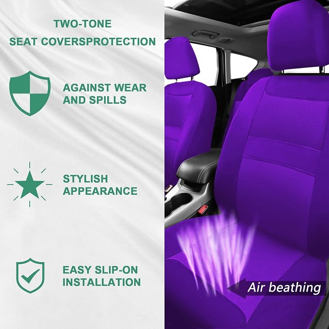 JINGSENCar Seat Cover Full Set for Women with Waterproof Floor Mats,3D Air Mesh Car Seat Cover with 5mm Composite Sponge Inside,Universal Fluffy Steering Wheel Cover,Accessories Full(Purple)
