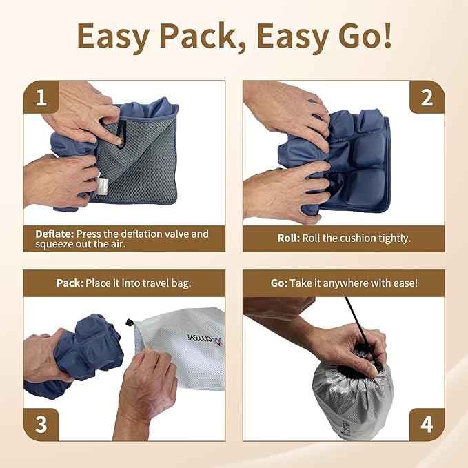 Inflatable Seat Cushion with Built-in Pump for Airplane Travel, Car & Office Chair - Portable Air Pad for Sciatica, Coccyx & Tailbone Pain Relief - 3D Air Cell Support for Long Sitting, 0.8lbs