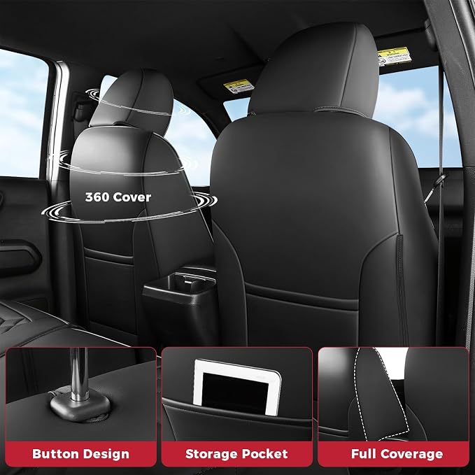 FREESOO Tacoma Seat Covers Custom Fit for Toyota Tacoma 2005-2015 Double Crew Cab Faux Leather Full Set Pickup Truck Seat Covers (Full Set, Black)