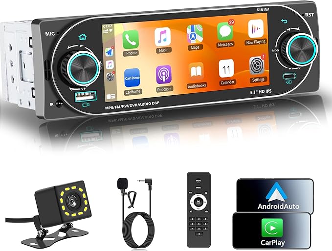 Single DIN Radio Car Stereo Wireless Apple Carplay，Dual Knobs & HD Touchscreen Radio for Car， Bluetooth 6.0 Car Play Android Auto, 60W x 4 Output, AM/FM Radio，USB,SWC, Backup Camera (Black)
