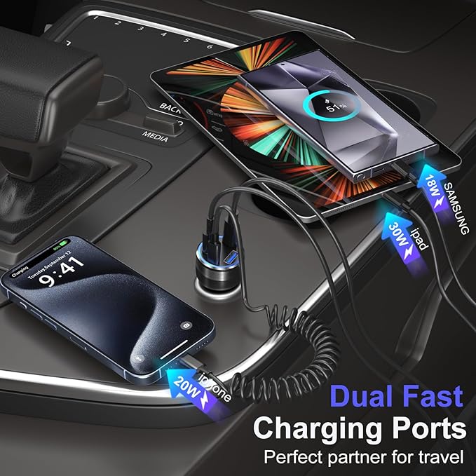 65W 4-Port Dual USB A and USB C Car Charger with 5FT Type C Coiled Cable, QC&PD 30W Fast Charging Cigarette Lighter Car Adapter Compatible for iPhone 15 15 Pro 15 Pro Max 15 Plus