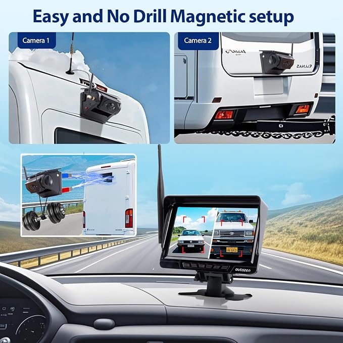 Magnetic Solar Wireless Backup Camera 7" HD 1080P Recording Monitor, Alarm Function, Night Vision, Vehicle Back up Cameras for Car RV Truck Trailer Camper SUV