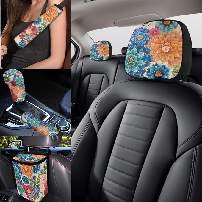 17 Pieces Hippie Lotus Car Seat Covers Full Set for Women with Auto Interior Set Decor,Madala Car Accessories with Steering Wheel Cover,Car Headrest Cover,Car Trash Can with Lid,Universal Fit