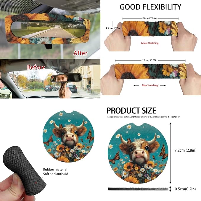 15 Pcs Floral Butterfly Cattle Auto Interior Accessories Car Seat Covers with Auto Steering Wheel Cover Seat Belt Covers Car Trash Can View Mirror Cover Coaster Keychains