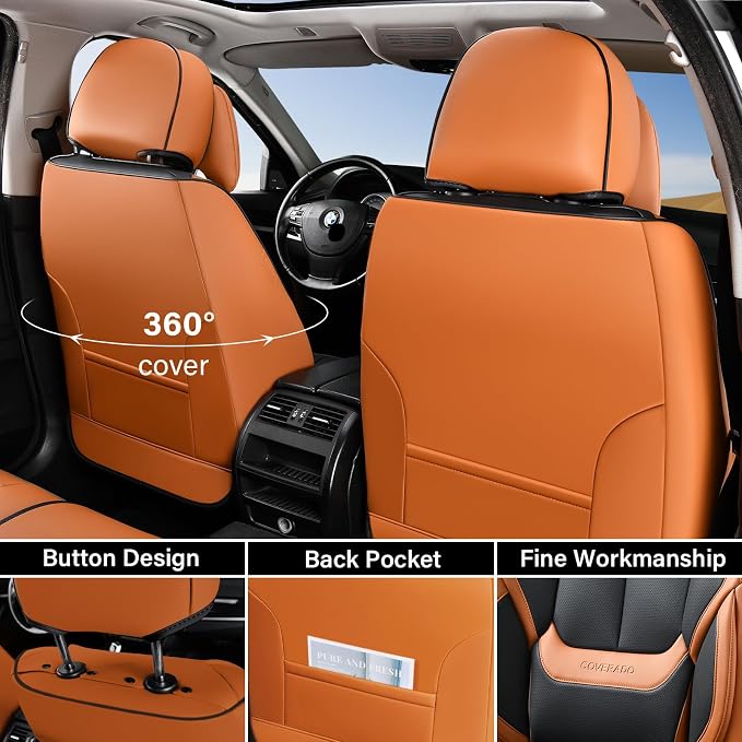 Coverado Universal Seat Covers Full Set, Universal Seat Covers for Cars, 5 Seats Waterproof Nappa Leather Car Seat Covers with Head Pillow, Auto Protectors Fit for Most SUV Pick-up Truck-Black&Brown