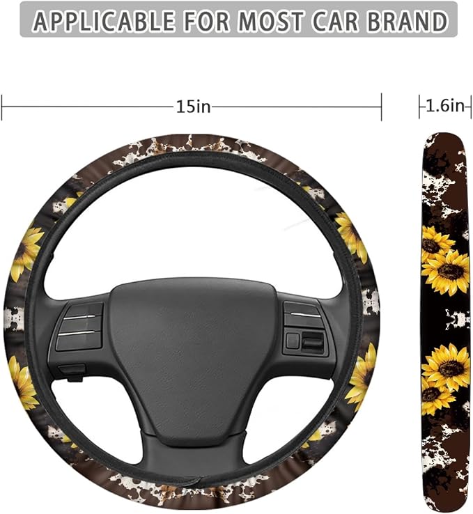Wanyint Sunflower Cow Print Car Seat Cover Full Set with Front Back Seats Steering Wheel Covers Armrest Pad Handbrake Cover Gear Shift Cover Auto Seat Belt Pads,Cup Holder Coaster
