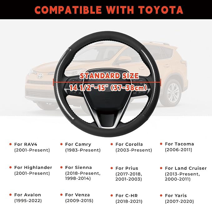 Steering Wheel Cover for Toyota Camry, Tacoma, RAV4, Corolla, Highlander, Sienna, Avalon, Prius, Standard Size 14.5-15" (Glossy Carbon Fiber)
