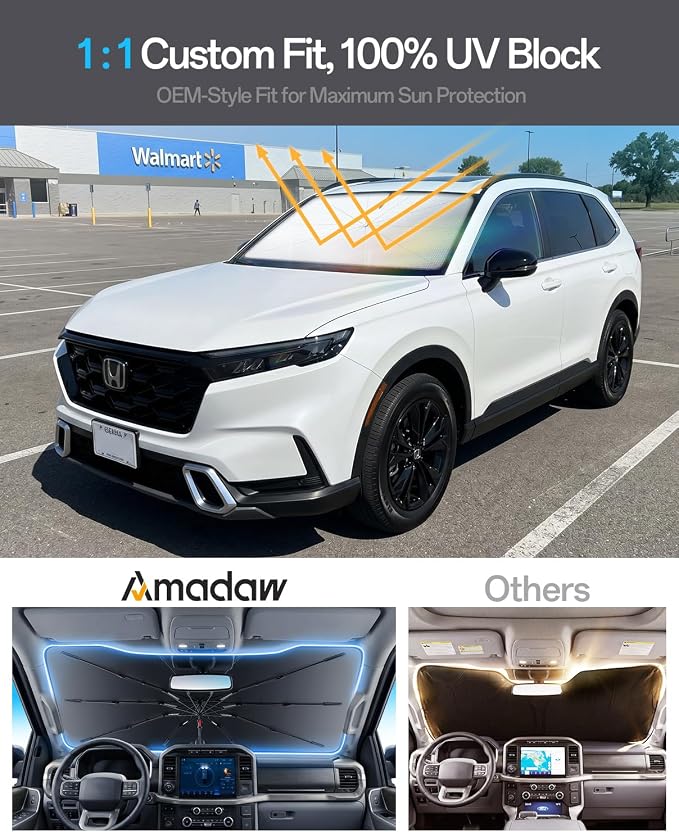 Windshield Sun Shade for Honda CR-V 2000–2026, Foldable Umbrella Sunshade with 100% UV Block, Multi-Layer Heat Insulation, Reinforced 10-Rib Frame, Keeps Car Cooler, Summer Car Accessory