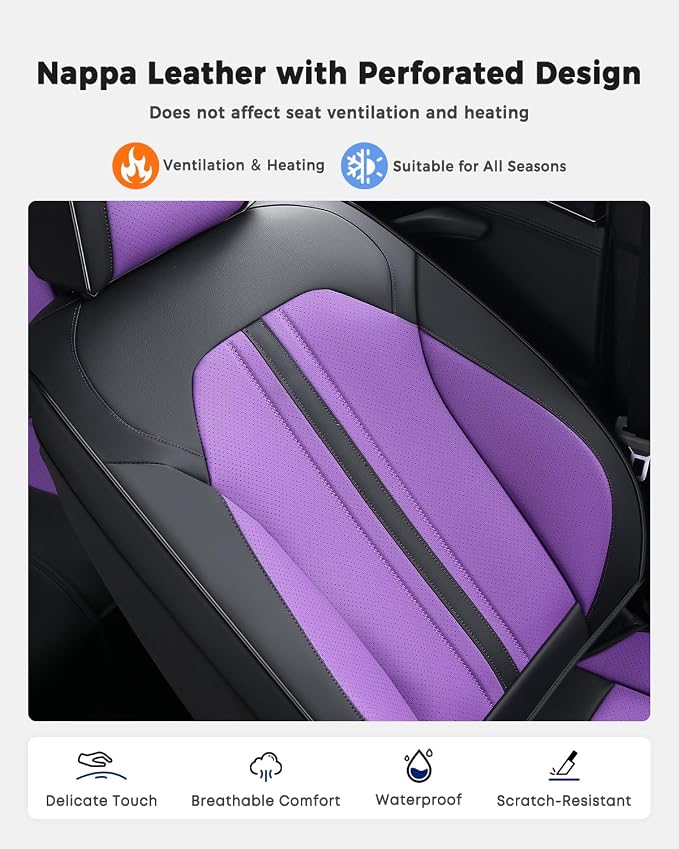 Huidasource Front Car Seat Cover, Luxury Faux Leather Leather Front Seat Covers, Compatible with Airbags, Seatbelt Buckles, Cooling＆Heating, Universal Fit for Most Cars Vans Trucks SUVs, Black＆Purple