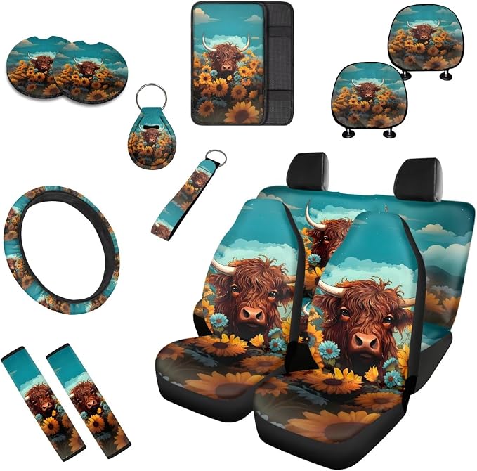 Highland Cow 13 Pcs Car Seat Covers, Sunflower Universal Driver Seat Cover Protector Armrest Pad, Farm Highland Cattle Steering Wheel Armrest Cover Seatbelt Cup Mats
