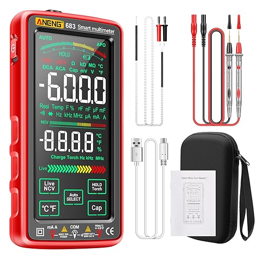 Smart Multimeter, Digital Multimeter Tester with Touch Screen 6000 Counts Auto Ranging Rechargeable A Reverse Display NCV Tester with Flashlight for Electricians, DIY (Red)