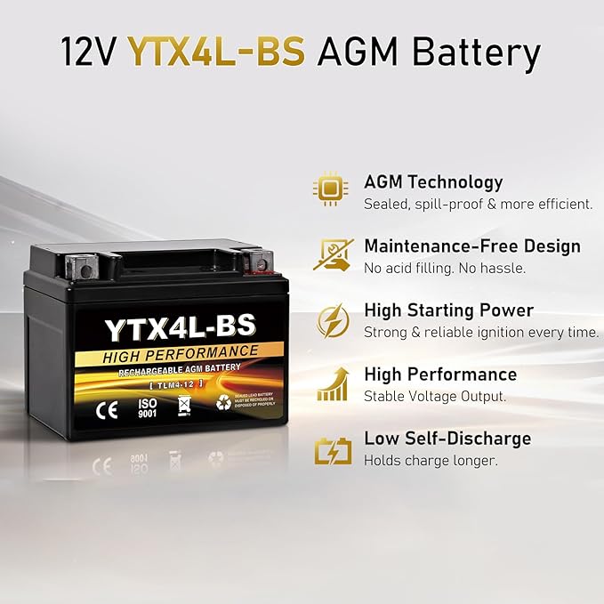 YTX4L-BS 12V 3Ah Sealed AGM Motorcycle Battery, Maintenance-Free, Compatible with Polaris Scrambler 90, Sportsman 90, Honda NQ50 Spree, Kawasaki KLX110, Yamaha TTR125E/LE, ATV & Scooter