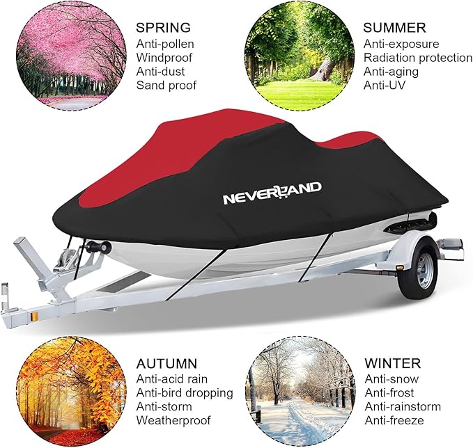 NEVERLAND Jet Ski Cover Suitable for 2 3 Seater Jetski Covers Heavy Duty Waterproof with 2 Air Vent Marine Grade UV Resistant Compatible with Yamaha Sea-Doo Lengths 135'' to 145"(Red)