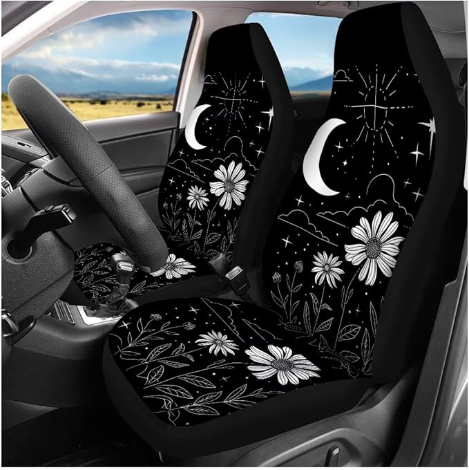 Ystardream Starry Daisy Car Seat Cover Full Set for Women Men Rubber Steering Wheel Cover License Plate Frame Mirror Covers Moon and Stars Car Accessories for Car SUV Truck