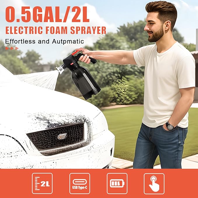 Electric Foam Sprayer for Car Wash, 130 PSI Battery Powered Cordless Foam Cannon, 2-Liter Portable Foam Pump Sprayer 2026 New Upgrade