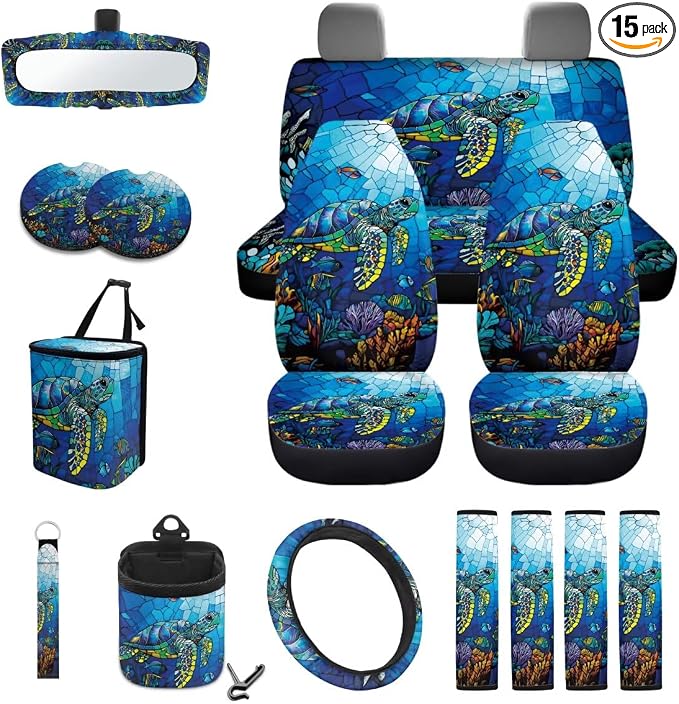 Turtle Coral Glass Print 15 Pack Car Accessories Set Car Seat Covers Steering Wheel Cover Seatbelt Strap Pad Garbage Cans Air Vent Storage Holder Rearview Mirror Cover Coasters Keychain