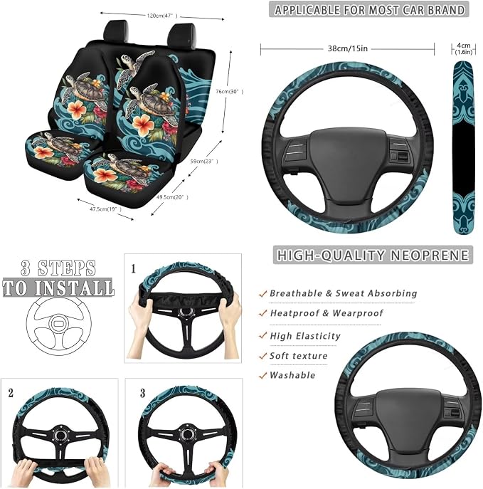 Suobstales Turtle Plumeria Sea Wave Print Car Seat Covers Set of 13 with Universal Steering Wheel Cover, Rearview Mirror Cover, Car Trash Can, Seatbelt Pads, Cup Holder Coasters, Keychains