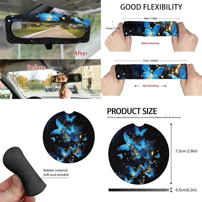 15 Pcs Blue Glitter Butterfly Car Seat Covers Full Set for Women Cute Car Accessories Interior Car Steering Wheel Cover Seatbelt Covers Trash Bin Rear View Mirror Cover Cup Holders Keychain