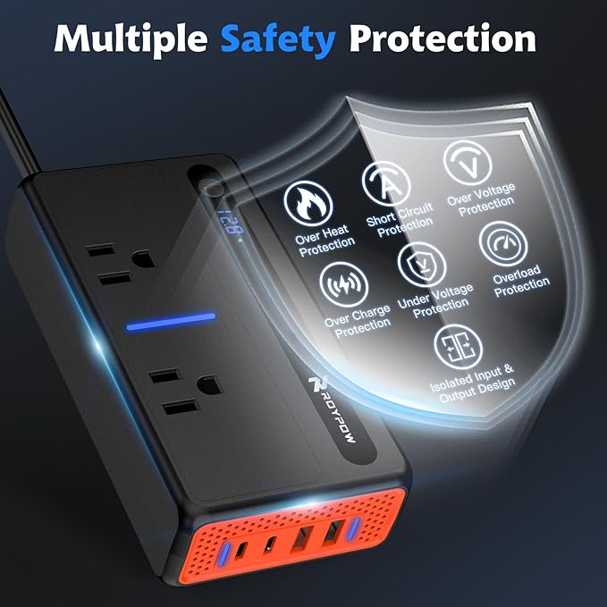 RoyPow 200W Car Power Inverter, DC 12V to 110V AC Power Inverter with Cigarette Lighter Port, Car Plug Adapter Outlet with 3.4A USB-A, QC3.0 24W, PD 30W, PD 36W, Dual AC Outlets, Car Charger Adapter