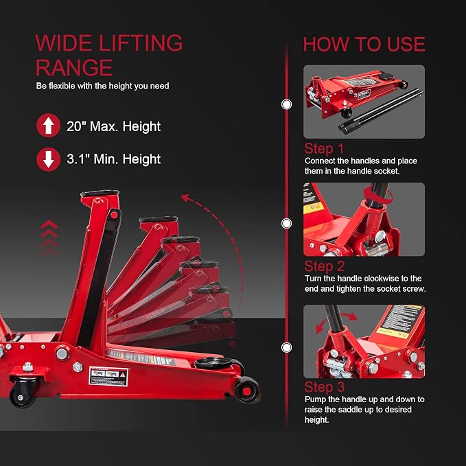 Big RED ATZ830026XR Torin Hydraulic Ultra Low Profile Heavy Duty Steel Service/Floor Jack with Dual Piston Quick Lift Pump, 3 Ton (6,000 lb) Capacity, Red