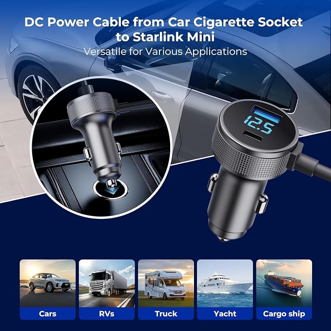 Starlink Mini Cable, 3 in 1 Starlink Mini Car Charger DC Power Cable+ Cigarette Lighter Adapter 12V-48V with Digital Display, Durable USB C PD 40W and USB A 35W Ports for Trucks and Cars (16.4FT)