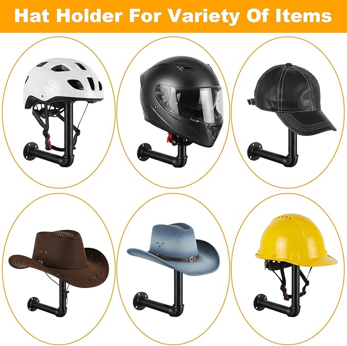 Cowboy Hat Rack -2 Pack Black Metal Pipe & Brown Wood Wall-Mounted Hat & Wig Holder, Hanging Motorcycle Helmet Holder Rack, Rustic Wood Helmet Hooks, Easy Storage for Coats, Hats, Caps