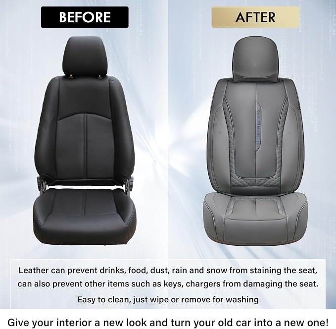 Coverado Car Seat Cover Front Seat, Gray Seat Covers Front Seats, Nappa Leather Waterproof, Car Seat Cushion, Car Seat Protector Universal Fit Most Cars