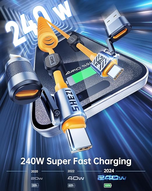 4-in-1 Coiled USB C Cable for Car 5FT [240W Fast Charging] Compatible with Lightning Cable [CarPlay & Android Auto] Multi Charger Cord Combo with L/Type C/USB A Ports for iPhone/iPad (Yellow)