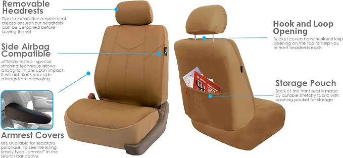 FH Group Automotive Seat Cover Protector Universal Fit Full Set Rome PU Leather Beige - Airbag Compatible and Split Bench Seat Covers for Cars Trucks SUV Combo Vinyl Floor Mats Interior Accessories