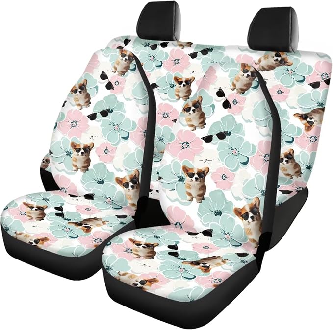 Cute Dog Flower 17 Pcs Car Accessories Seat Covers Full Set Steering Wheel Cover Floor Mats Center Console Pad Cup Holders Seat Belt Pads for Women Men Car Interior Decor