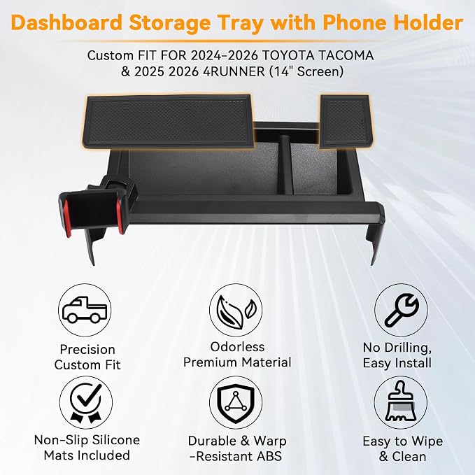 Phone Holder Dash Organizer Fit for Toyota Tacoma 2024-2026 | Fit for Toyota 4Runner 2025-2026 14 in screen, 360 Degree behind screen storage tray, not fit for 8 in screen