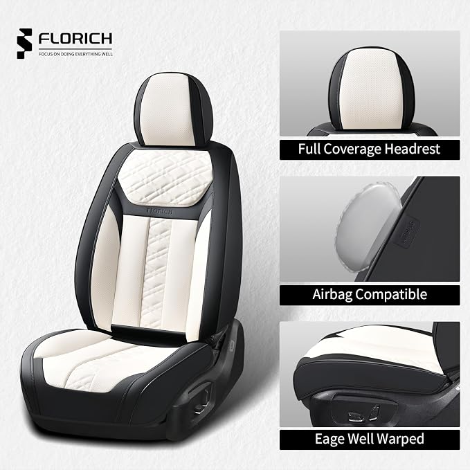 FLORICH Seat Covers, Atomutive Car Seat Covers Full Sets, Waterproof Seat Cover for Cars, Luxury Leather Universal Seat Cover Accessories Fit for Most Cars SUV Truck Sedans(White)