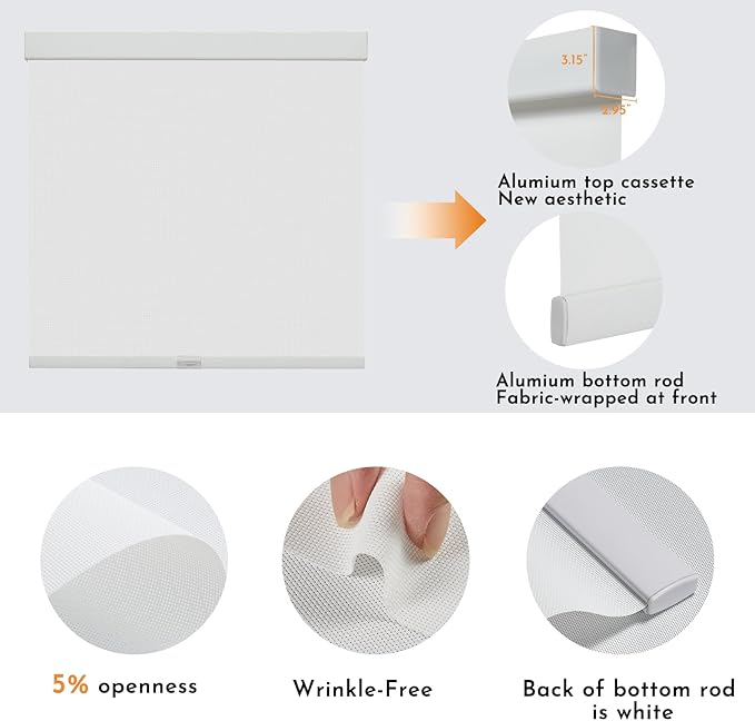 Persilux Free-Stop Cordless Solar Shades for Windows Shades Light Filtering Roller Shades (White, 20" W x 72" H) 5% Openness UV Protection Flame Retardant View Through Roller Blinds for Windows, Home