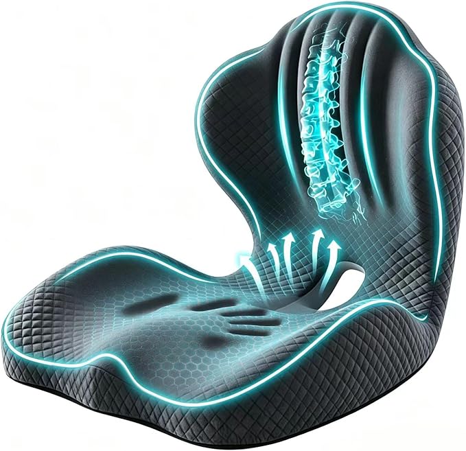 Ergonomic Memory Foam Seat Cushion with Back Support, L-Shaped Office Chair Cushion with Coccyx Cutout, Tailbone Support Cushion for Long Sitting, Car Seat Cushion for Driving, Home & Gaming Chair