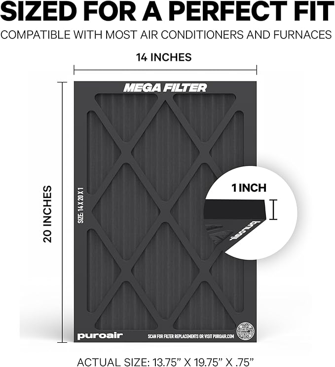 PuroAir MegaFilter - 14x20x1 Air Filter MERV 13 Activated CarbonTech Defense - Heavy Duty 3 Layer Furnace Filters Allergens, Pollen, Dust, Pet Dander, Smoke, Odors - HVAC Air Filter 14x20x1 (4-Pack)