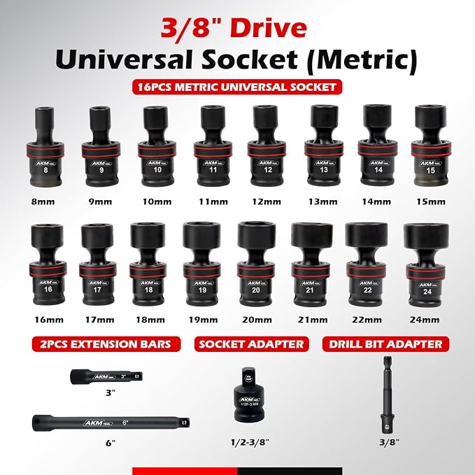 3/8" Drive Universal Impact Socket Set, 20 Piece Swivel Socket Set, Universal Joint Socket 6-Point, Metric, 8-24mm, Cr-Mo,with Extension Bars, Socket Adapter, Drill Bit Adapter