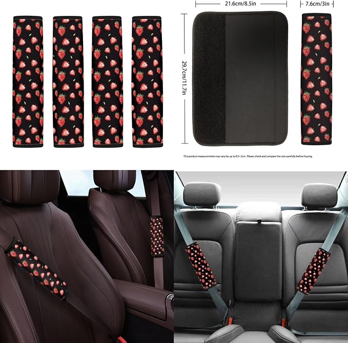18Pcs Strawberry Car Seat Cover Set with Steering Wheel Cover,Headrest Protector, Car Cup Holder Coasters,Seat Belt Pads Armrest Pad Handbrake Protector and Key Chain