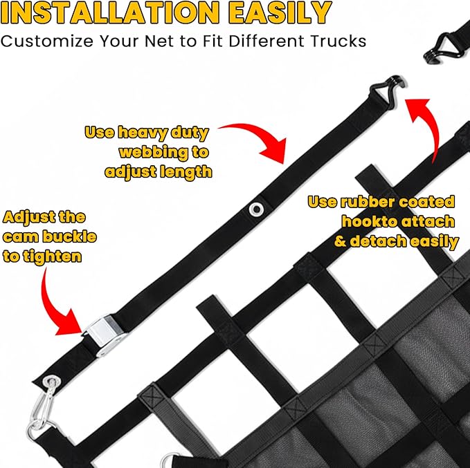 Cargo Net for Pickup Truck Bed, 4.8' x 6' Truck Bed Net, Heavy Duty Pickup Cargo Nets Safety Mesh Net with Cam Buckles & S-Hooks & Cross Straps