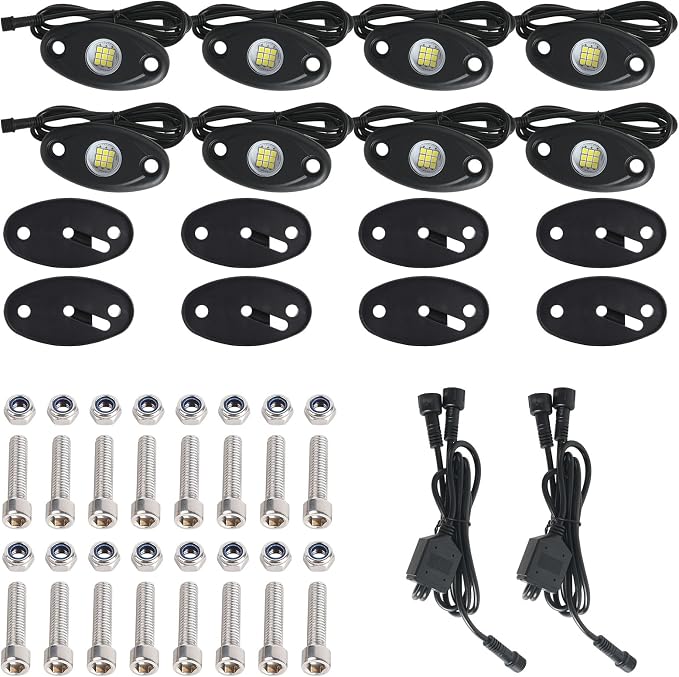 16pods Pure White Led Rock Lights 6000k Aluminum Alloy Super Bright IP68 Waterproof for Utv ATV SUV RZR Rv Trucks Pickup Car Boats Neon Underglow White Rock Lights with Switch Kit