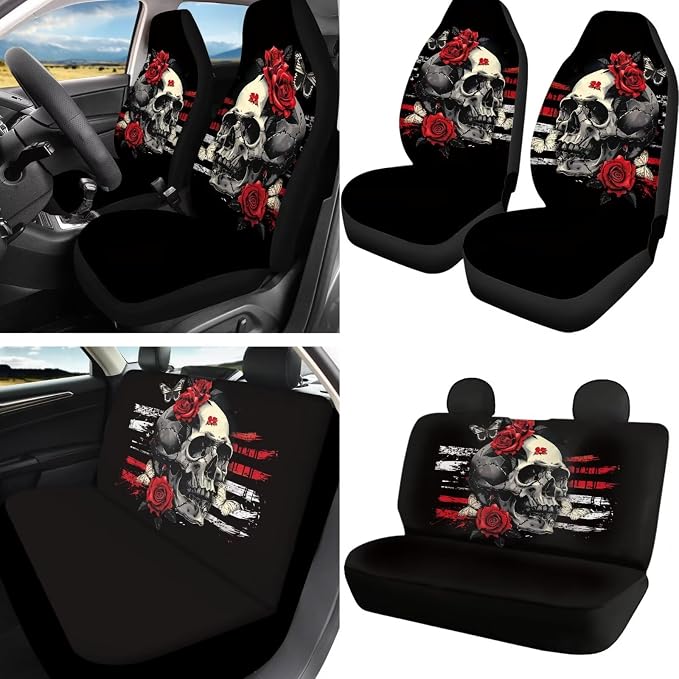 Howilath Gothic Skull Red Rose Car Seat Cover Set of 13 Anti-Slip Front Back Seat Covers with Auto Steering Wheel Pads/Seat Belt Cushion/Keychains/Cup Mat Accessories Interior Decor, Easy to Install
