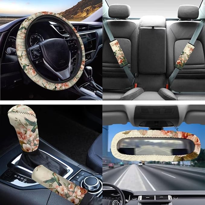 Hummingbird Vintage Flower Automotive Seat Covers Accessory 14pack Hummingbirds Car Seats Full Set with Steering Wheel Cover Shoulder Seatbelt Pads Vehicle Cup Pad,Interior Mirror Covers