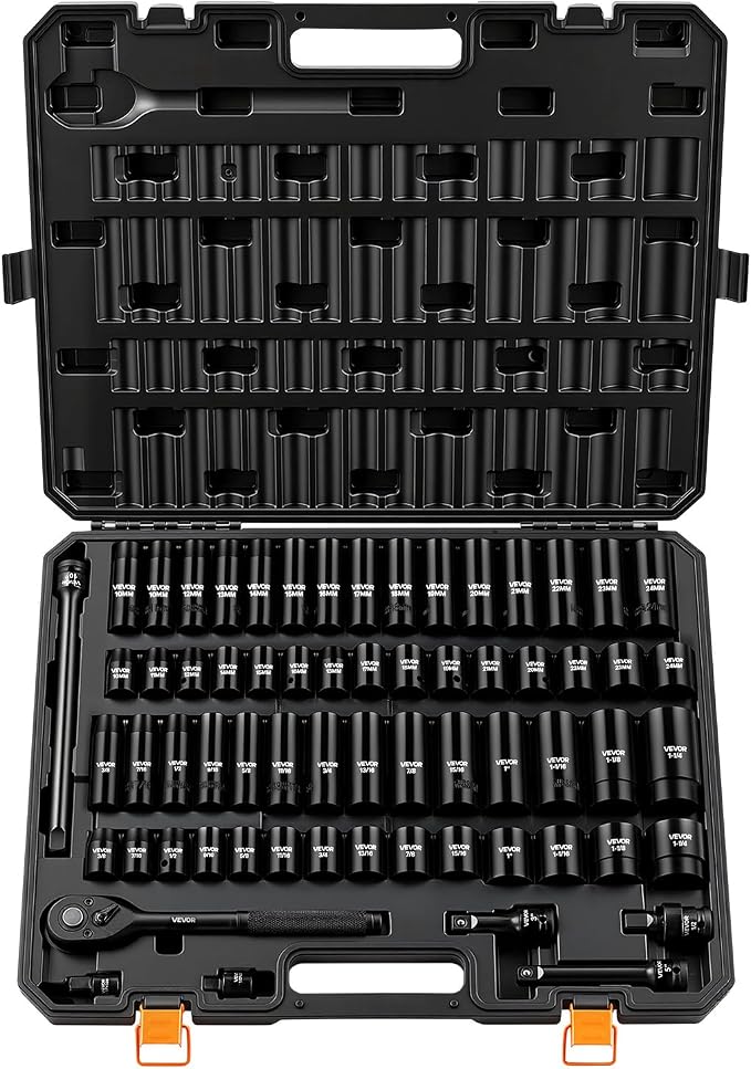 VEVOR Impact Socket Set, 1/2" Drive, 65-Piece Socket Set, 6 Point Sockets, SAE 3/8" to 1-1/4" and Metric 10-24 mm, Easy to Identify, with a Sturdy Storage Case, Cr-V Alloy Steel for Vehicles Repair