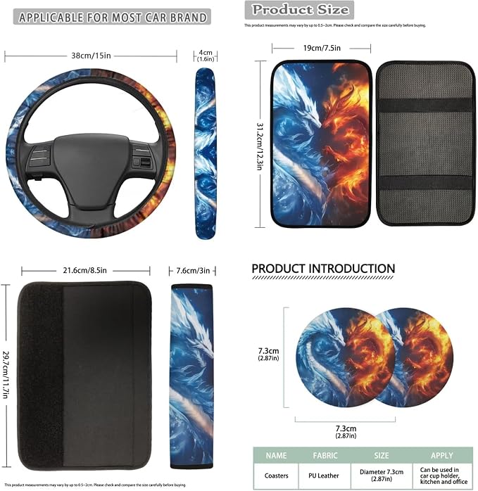 Bulopur Fire Ice Dragon Car Seat Covers Front and Rear with Steering Wheel Cover Elastic Center Console Cushion Anti-Slip Seat Belt Pads 14 Piece Vehicle Interior Decor Set
