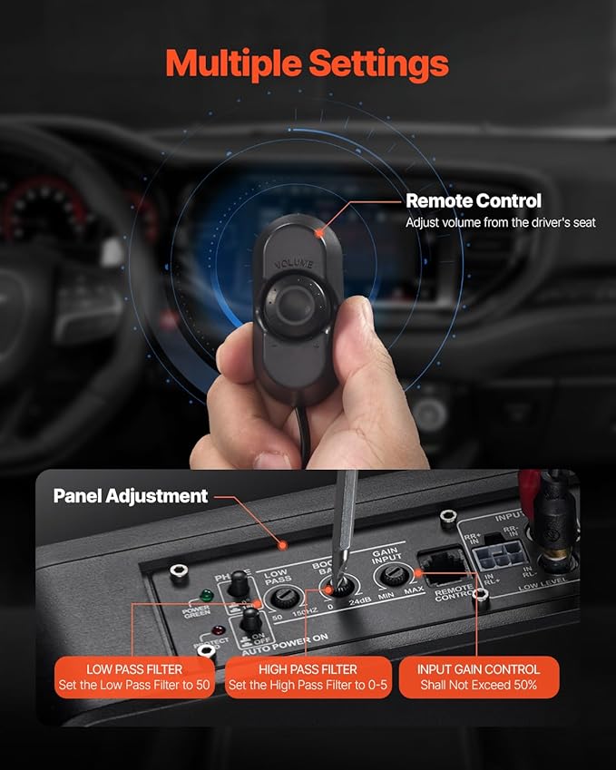 VEVOR 10" 240W Underseat Car Subwoofer, Slim Powered Car Subwoofers Under The Seat, Low Profile Audio Sub Built-in Amplifier, High/Low Level Input & Volume Controller for SUVs, Car, Truck, RV