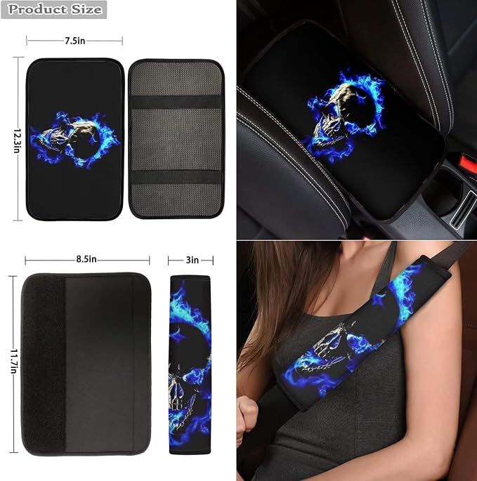 10 Pcs Blue Flame Skull Car Seat Covers Set, Seat Covers for Cars Steering Wheel Cover Auto Center Console Pad Shoulder Pads Cup Coasters Keychain Wrist Strap for Cars Trucks and SUVs
