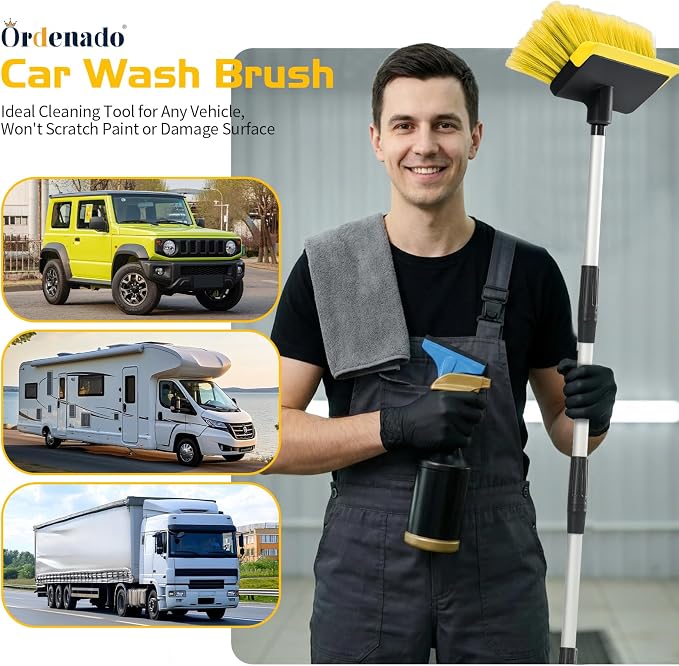 Ordenado 56" Car Wash Brush with Long Handle - Car Cleaning Brush with Soft Bristle & Squeegee, Scratch-Free Car Cleaning Mop Kit for Washing Exterior & Snow, Universal for RV Boat Truck SUV Yellow