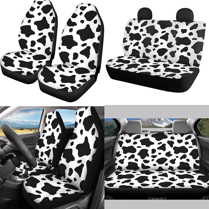 Mumeson Classic Cow Print Car Seat Covers Set with Steering Wheel Cover + Safety Seat Belt Pads + Armrest Cushion Pad for Car 8 Pack Car Accessories Decor for Womens Mens Universal Car Seat Covers