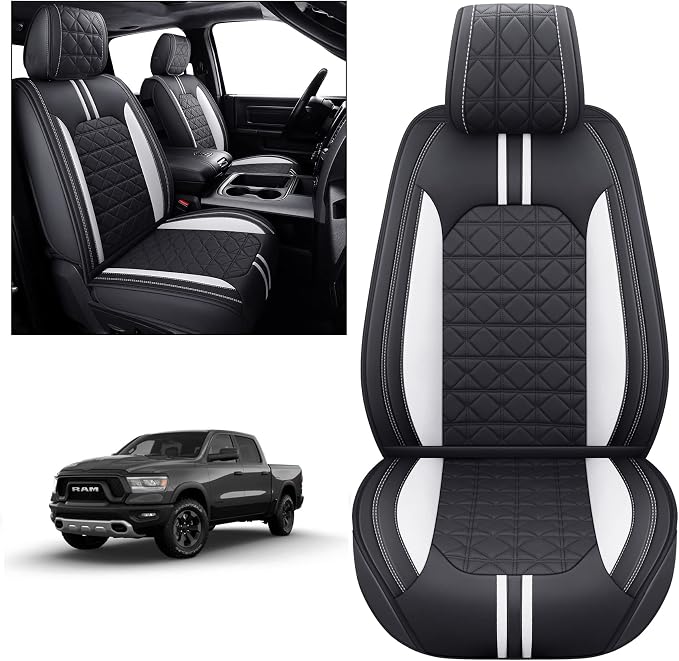 YIERTAI Truck Seat Covers for Dodge RAM fit 2009-2025 2026 1500 2500 3500HD Limited Laramie Classic Bighorn Longhorn Crew Double Quad Cab Mega Cab Waterproof Leather(2 PCS Front only/Black-White)
